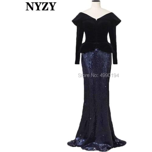 NYZY M153 Elegant Sequin Gown Long Sleeve Mermaid Velvet Mother of the Bride Groom Evening Dresses 2019 vestido mae da noiva