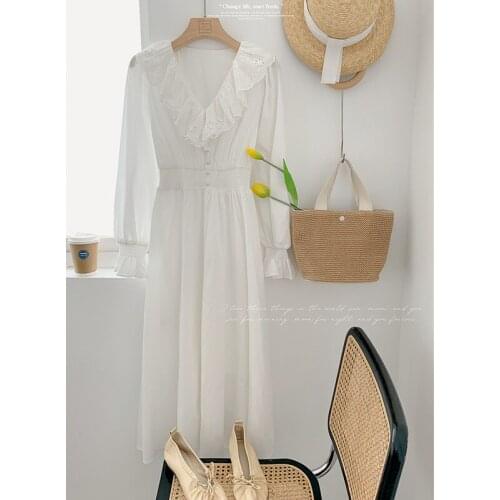 Gaodingxian slim and fresh dress with V-neck and waist closed Lantern Sleeve