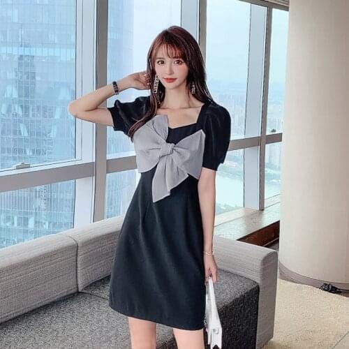 COIGARSAM Women Korean Dress Fashion One Piece Summer 2021 New Cute French Style Short Sleeve Bow Square Collar Black Dresses