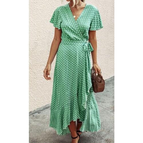 Hot Summer Casual Womens Elegant Dresses Boho Polka Dot Sexy Deep V-Neck Ruffles Slim Long Dress Holiday Leisure dress Sundress