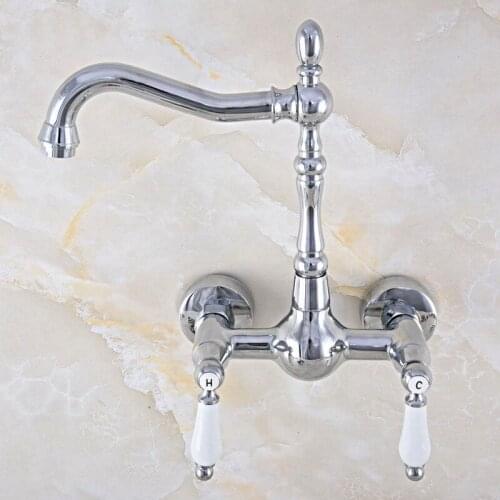 Polished Chrome Brass Wall Mounted Bathroom Kitchen Sink Faucet Swivel Spout Mixer Tap Dual Ceramics Handles Levers mnf563