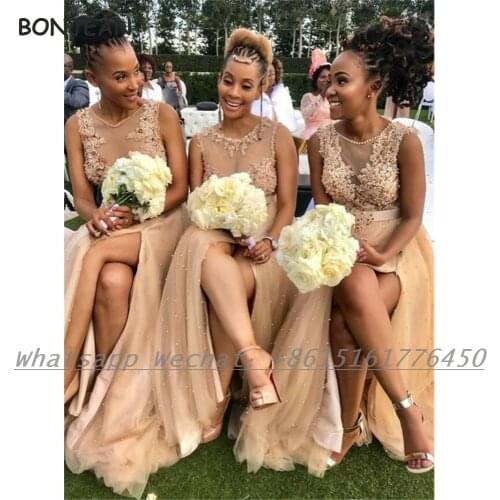 Champange Bridesmaid Dresses 2021 Scoop Lace Applqiues A Line Chiffon Split African Bridesmaid Dress Plus Size for Women Wedding