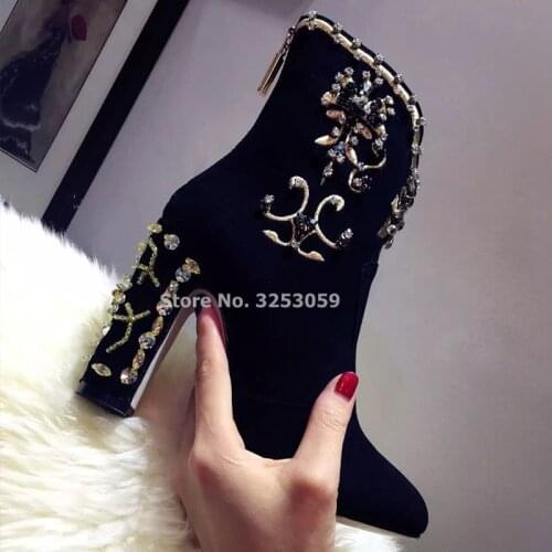 High End Black Suede Chunky Heel Ankle Boots Gold Embroidery Crystal Boots Bling Bling String Beaded Sewed Dress Boots Dropship