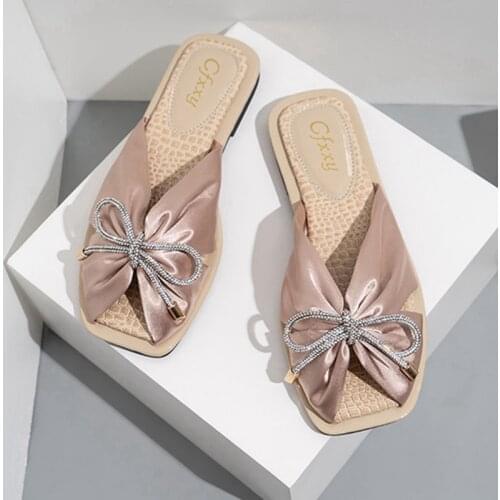 2021 Summer Women Slipper Fashion Silk Bow-knot Sandal Shoes Ladies Elegant Peep Toe Slides Flat Heel Beach Flip Flop Big Size42