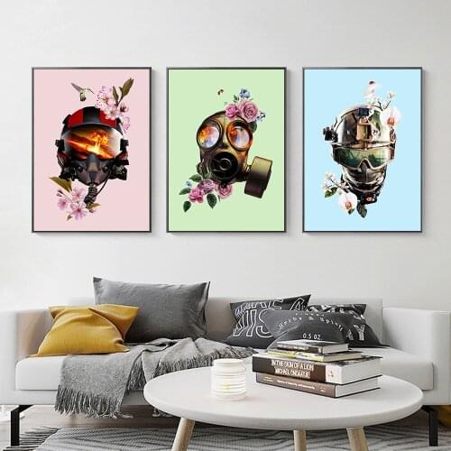 Modern Flower Helmet Antigas Mask Art Print Poster Fire Fighting Color Canvas Painting Fashion Wall Office Hotel Decor Pictures