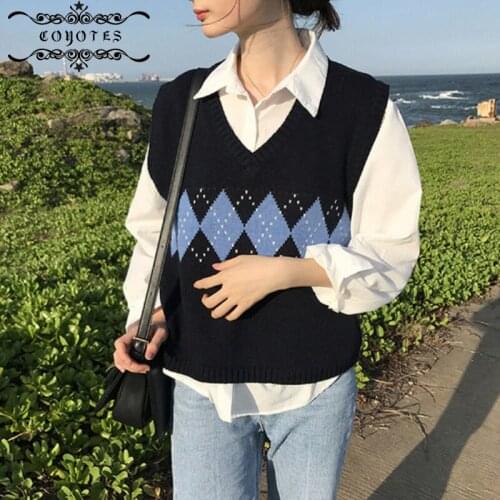Sweater Vest Women Argyle Knit V-neck Sweaters Vests Womens Korean Preppy Style Sleeveless Jumpers Stylish Simple Slim Chic