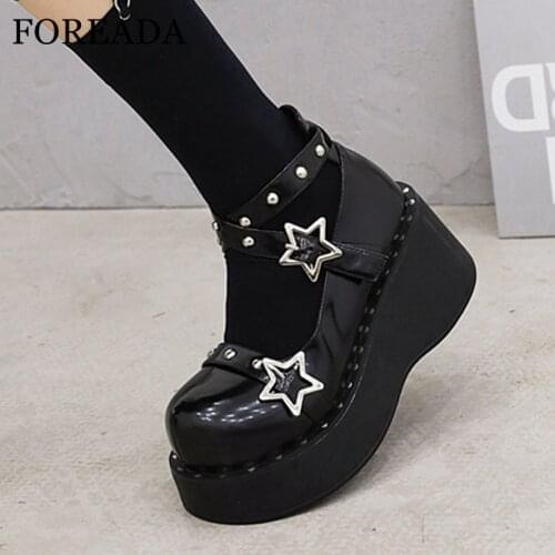 FOREADA Ankle Strap Gothic Shoes Platform Round Toe Pumps Wedges High Heels Star Buckle Strap Female Footwear Autumn Black 34-43