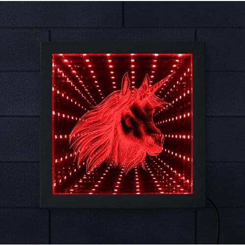 Magical Horse Horn Customize RGB Infinity Mirror Endless Space Graphics Unicorn Kylin Face Tunnel Vision Wood Frame Lamp