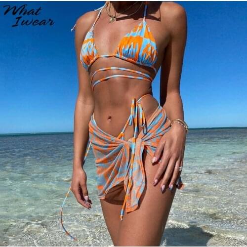 Whatiwear Printed Bikini Three Piece Sexy Deep V-Neck Set Halter Bra + Briefs + Ribbons Mini Skirts Female Beachwear Outfits