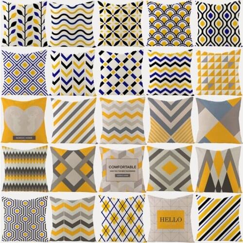 Yellow Geometric Cotton Linen Cushion Cover 45X45 Gray Striped Decorative Pillowcase Blue Plaid Sofa Cushions Nordic Home Decor