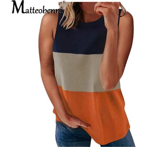 2021 Summer Womens Color Block Sleeveless O-Neck Loose Plus Size T-Shirt Ladies Fashion Casual Streetwear Splicing Vest Tee Top