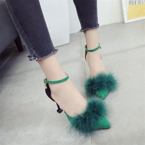 Summer 2021 High Heel Fur Sandals With Fur For Women Platform Pumps Ankle Strap For Women