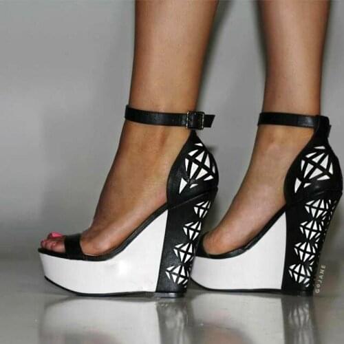 Women Rhombus Carve Out Wedge High Heels Sandals Platform Open Toe White Black Leather Patchwork Sandalias Shoes Mujer Zapatos