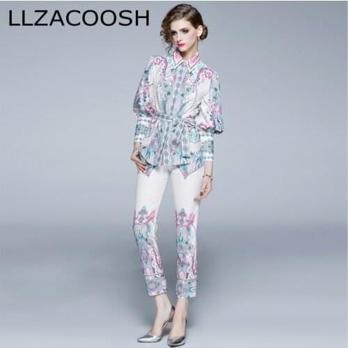 Spring Women Runway Luxury Flower Print Long Lantern Sleeve Single-Breasted Belt Shirt Blouse+ pencil pants Female Piece Set
