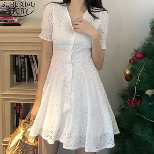 Temperament Solid Hollow Out White Dress Hollow Out Sweet Summer Dress for Women High Waist Slim Party Dresses Vestidos 14141