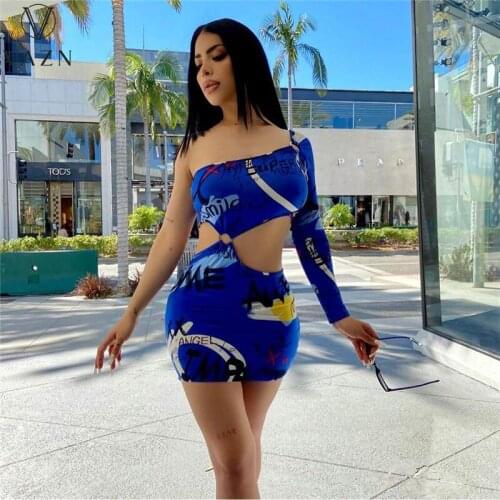 VAZN 2021 Top Quality Vintage One Shoulder Print Mini Dress Chic Ladies Slim Elegant Female Sweet Young Women Dress