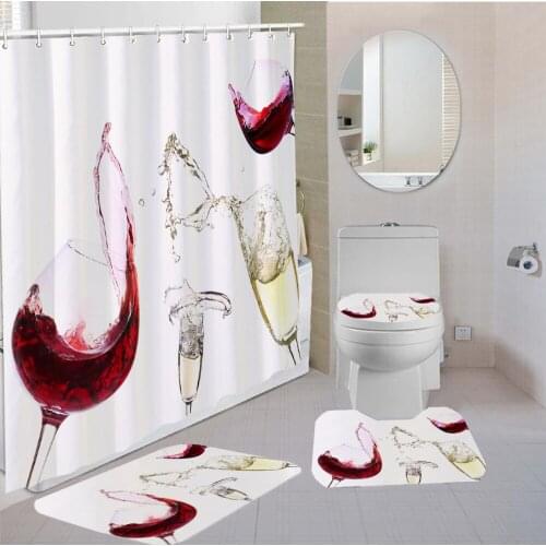 3/4 Pieces Red Wine Glass Shower Curtains Sets Champagne Pedestal Rug Celebrate Toilet Mat 3D Printing Bathroom Decor Set