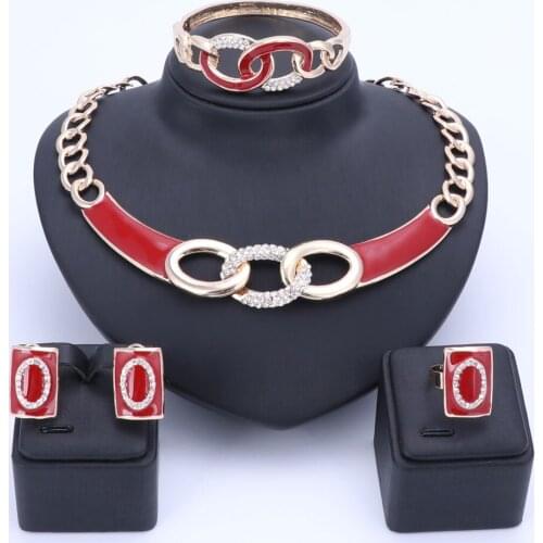 Classic Bridal Crystal Dubai Wedding Jewelry Sets For Women Gold Color Enamel Necklace Set Collars Earrings Party Accessories