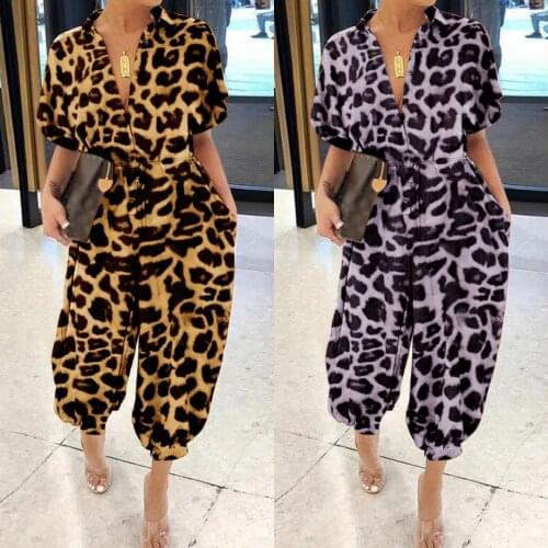 Short Sleeve Leopard Print Bandage Collect Waist Lapel Single Breasted Summer Casual Legged Pocket Jumpsuits