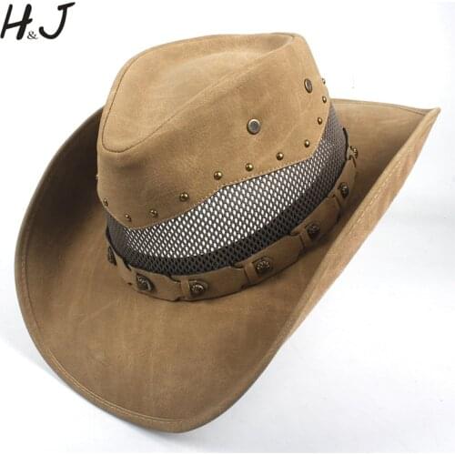 Fashion Men Western Cowboy Hat For Dad Gentleman 100% Leather Sombrero Hombre Jazz Caps Size 58-59CM