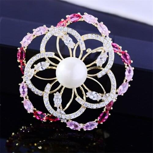 Luxury Pearl Flower Brooch Jewelry for Women Colorful Cubic Zirconia Hollow Corsage Elegant Petal Brooches Accessories