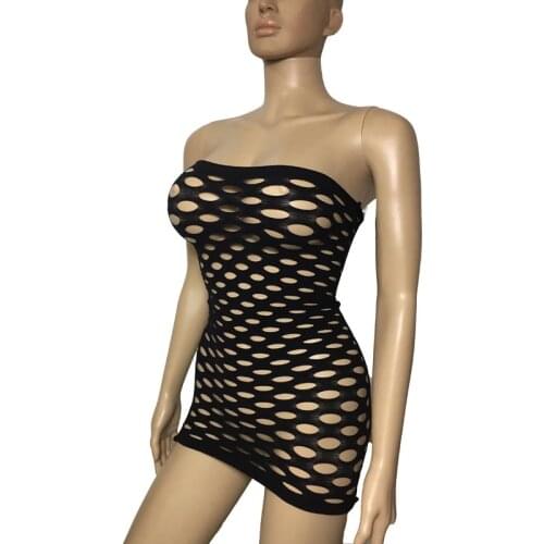 Sexy Women Slashed Boob Tube Short Mini Dress Jumbo Net Strapless Bodycon Skinny Seamless Mesh Fishnet Bodysuit Lingerie