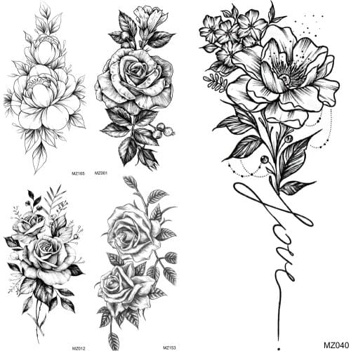 Big Rose Peony Flower Girls Temporary Tattoos For Women Waterproof Black Tattoo Stickers Fake Blossom Leaf Lady Shoulder Tatoos