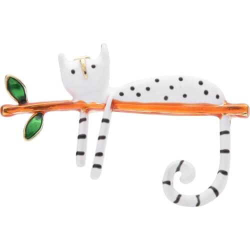 Wuli&baby Lazy Cat Lying Down On Tree Women Enamel Brooches New Year Gift