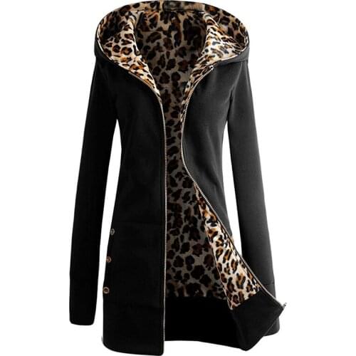 Women Jacket Thicker Hooded Sweatshirt Leopard Zipper Coat Women Plus Velvet Overcoat Outwear Womens Autumn Jacket