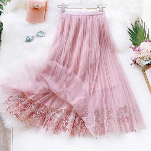 2020 Summer A-Line Long High Waist Women Sequins Mesh Boho Pink Maxi Skirt Faldas Jupe Femme Saia
