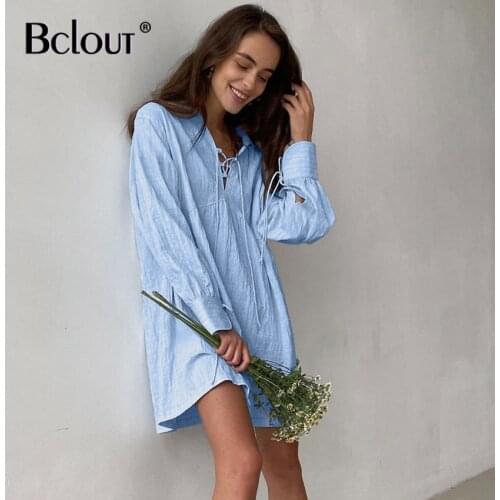 Bclout White Blue V Neck Long Sleeve Shirt Dress Woman Sexy Mini A-Line Dresses Female 2021 Lace Up Hollow Out Casual Short Robe
