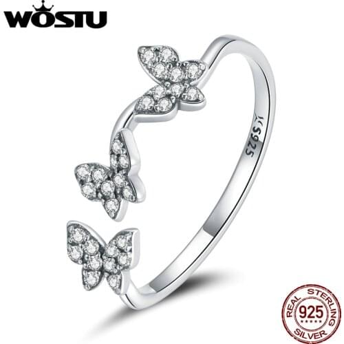 WOSTU 925 Sterling Silver Original Ring Adjustable Animal Butterfly Girl Rings Finger For Women Silver Jewelry CQR704