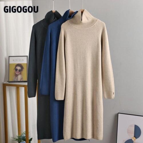 GIGOGOU Thumle Hole Design Long Knit Women Straight Sweater Dress Winter Thick Warm Midi Dress Knit Turtlneck Pullover Dresses