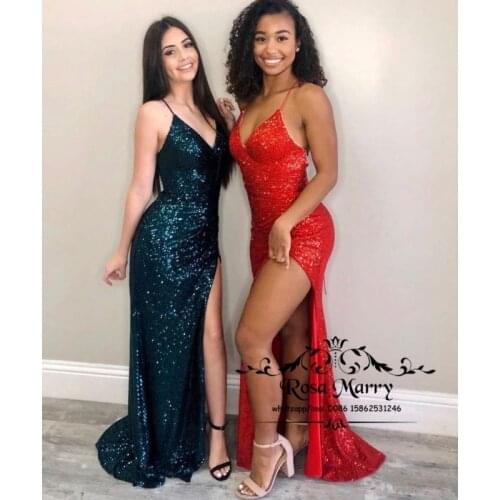 Sexy Red Mermaid Pageant Prom Dresses 2021Backless Sequined High Split Girl Formal Evening Party Gowns Vestido De Fiesta Largos