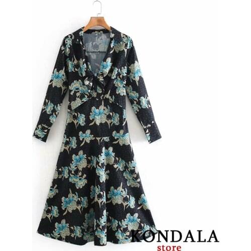 KONDALA Vintage Women Dress Za 2020 Floral Print Bow Tie Mid-Calf Dress Long Sleeve V-Neck Shirt Dress Elegant Mujer Vestidos
