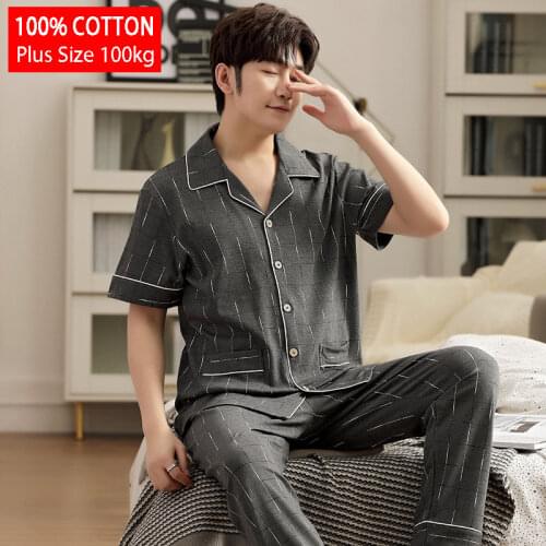 100% Cotton Mens Pajamas Sets Plus Size Man PJs Sleepwear Summer Short Sleeve Nightgown Plaid Pure Cotton Male Home Clothes Set