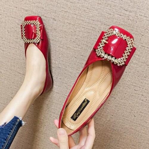 2021 Autumn Square Toe Rhinestone Single Shoes Female Patent Leather Flats Shoes Women Plus Size 44 Ladies Loafers Shoes