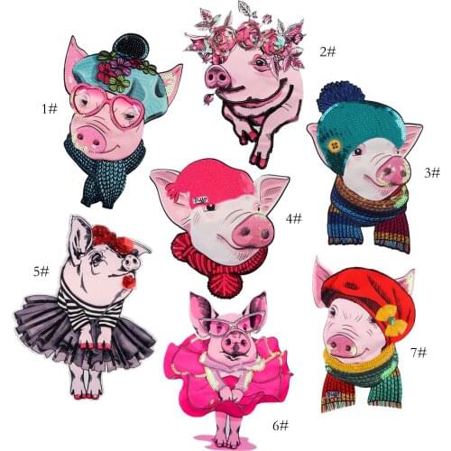 6pcs/lot Large Print Sequin Anime Embroidery Patch Pig Flower Clothing Decoration Sewing Accessories Art Diy Applique