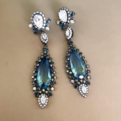 Bilincolor Fashion Cubic Zirconia Vintage Baroque Long Blue Earrings Female Dinner Party Jewelry