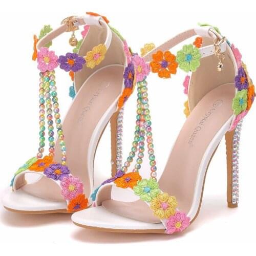 Super high-heeled sandals one-word buckle stiletto fish mouth Roman open-toed sandals11 cm beaded sexy high-heeled wedding shoes