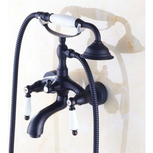 Bathroom Black Oil Rubbed Bronze Clawfoot Tub Faucet w/ Handshower Ceramics Handles - Wall Mount atf551