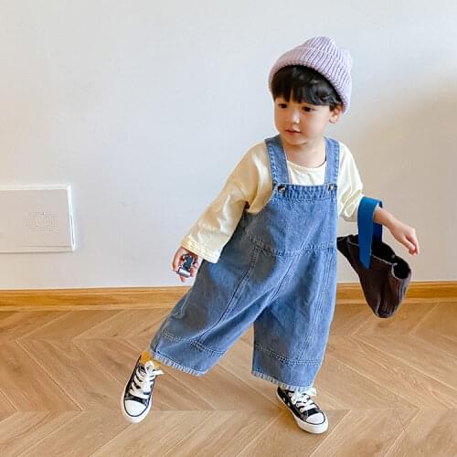 9053 Childrens Suspenders Pant Autumn 2021 Korean Loose Casual Pants Boys Sand Washed Cotton Denim Wide Leg Pants Girl Jeans