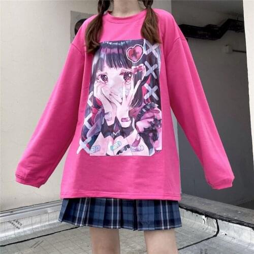 T-shirt female autumn Japanese Harajuku bf wind cartoon comic girl printing loose long-sleeved T-shirt female student top