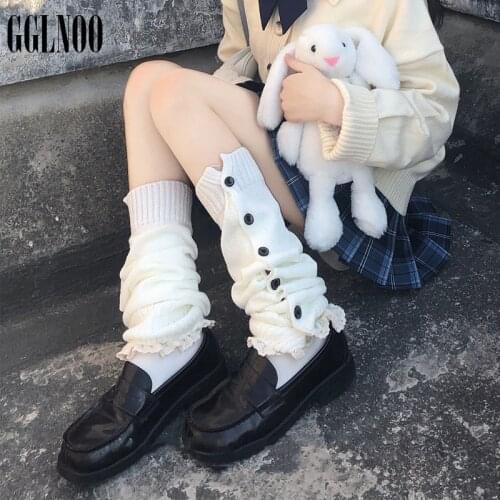 GGLNO Solid White Buttons Lovley Knit Women Leg-Warmer Autumn Winter Lady Calf-length Lolita Knitted Cute Student Jk Street Sock