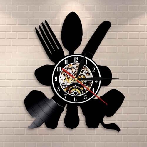 Made Of Real Vinyl Record Wall Clock Cutlery Modern Wall Clock Spoon Fork Knife Utensil Wall Art Vintage Kitchen Wall Decor