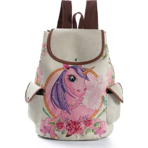 Miyahouse Unicorn Printed Cartoon Backpack Cute School Bag For Teenager Girls Drawstring Linen High Capacity Travel Rucksack