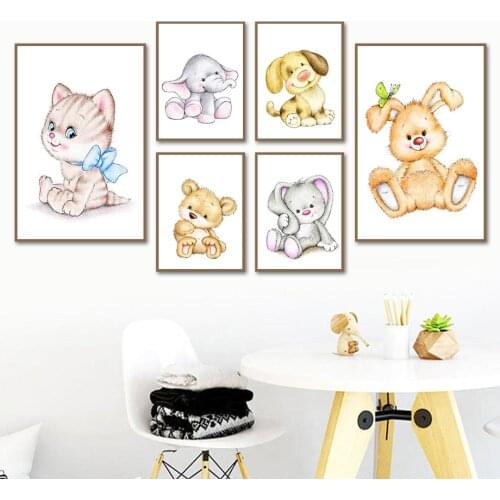 Cartoon Cat Elephant Bunny Bear Puppy Animal Wall Art Canvas Painting Nordic Posters And Prints Wall Pictures Kids Room Decor
