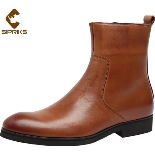 Sipriks Genuine Leather Zip Boots For Men British Style High Tops Shoes Casual Male Cowboy Boots Brown Black Footwear Wedding 44