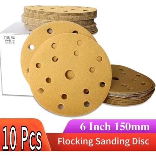 10 PCS Flocking Yellow Sandpaper 6 Inch 15 Hole Self-adhesive for Polishing Abrasive Tools Electric Grinder Accessories