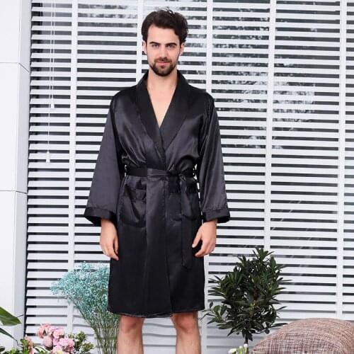 2020 New Men Black Lounge Sleepwear Faux Silk Nightwear For Men Comfort Silky Bathrobes Noble Dressing gown Mens Sleep Robes
